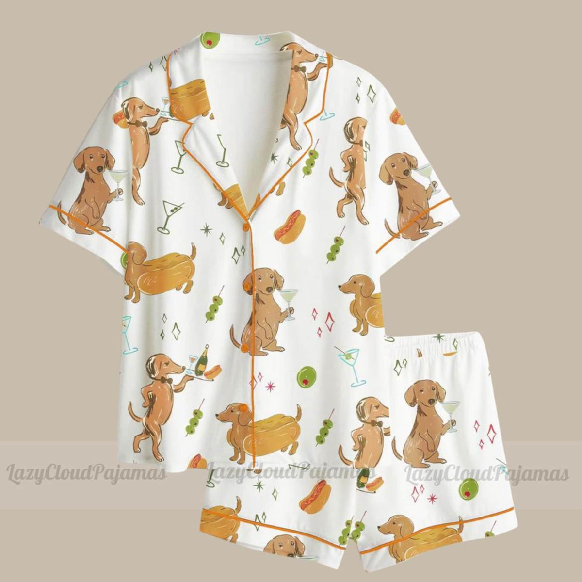 Dachshund Martini Pajama Set, Wiener Dog PJs, Hot Dog Loungewear, Cute Cocktail Sleepwear, Dog Mom Gift, Funny Womens Pajamas