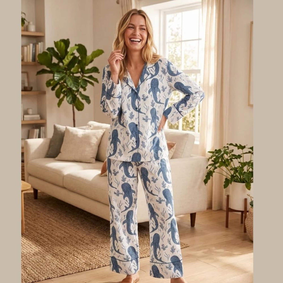 Women’s Whale Shark Beachy SHort and Long Sleeve Satin Pajama Set, Gift for Her
