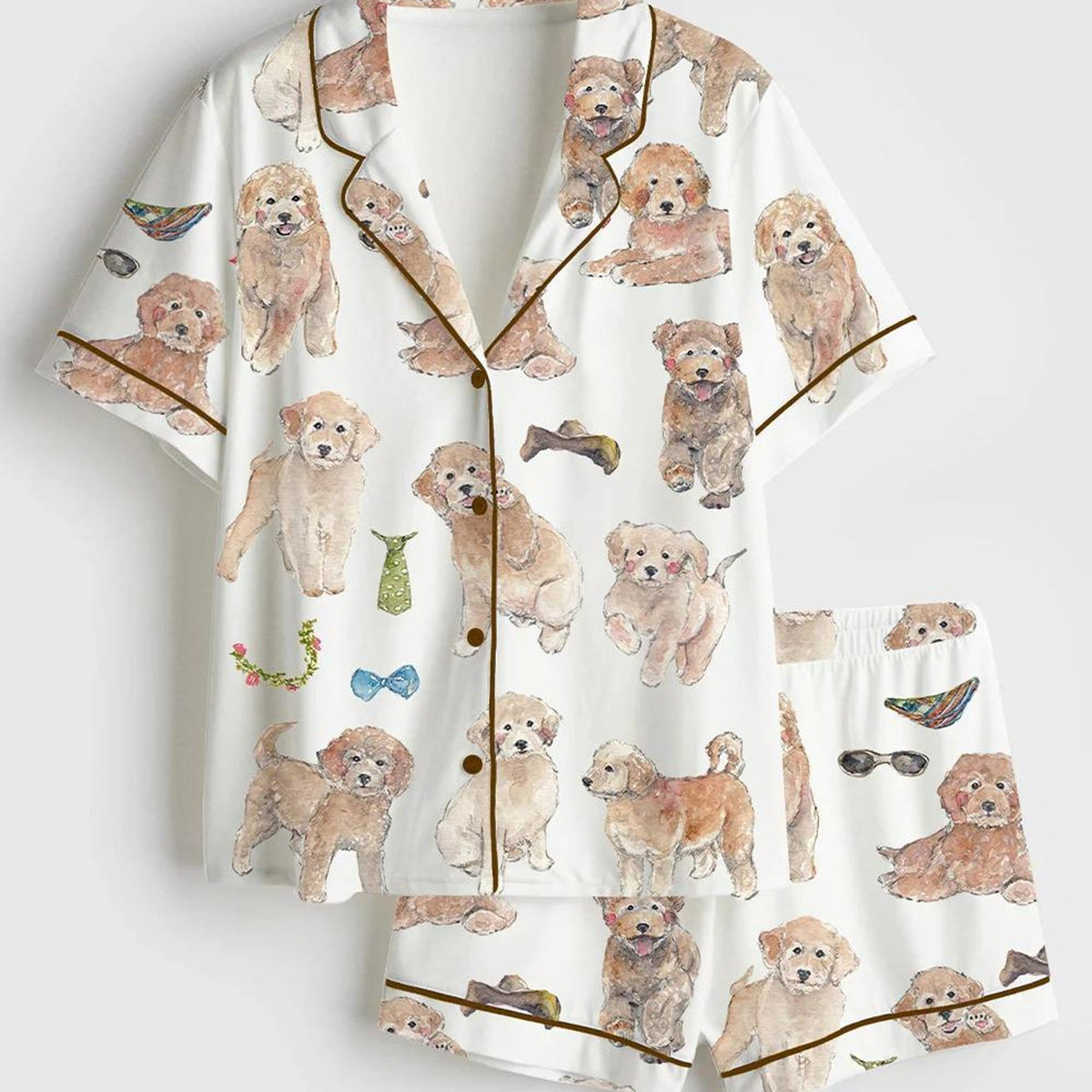Watercolor Goldendoodle Dog Lover Satin Pajama Set, Cute Goldendoodle Mom Silk Pjs, Luxury Long Sleeve Sleepwear, Pet Lover Gift, Dog PJS