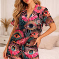 Women's Surreal Evil Eye Satin Pajama Set, Botanical Eyeball Flower Silky Sleepwear, Boho Mystical PJs