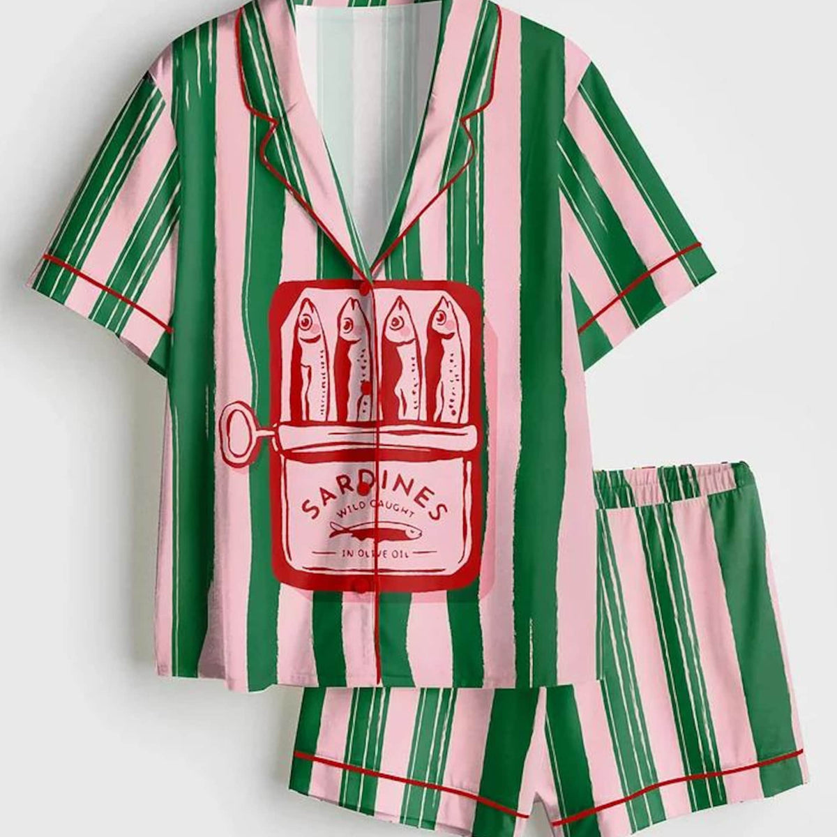 Sardines Satin Pajama Set, Girly Summer Beach PJs, Mediterranean Sardine Art Sleepwear, European Summer Aesthetic, Silky Short Sleeve Lounge