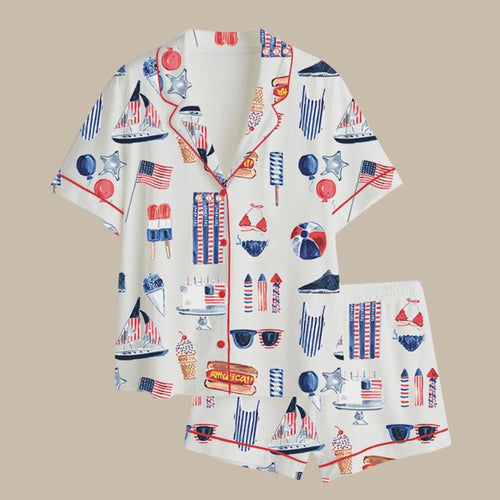 4th of July Patriotic Cowboy Eagle Satin Pajama Set, Summer Loungewear