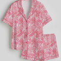 Satin Flamingo Pajama Set, Tropical Pink Sleepwear, Short Sleeve Luxury Loungewear