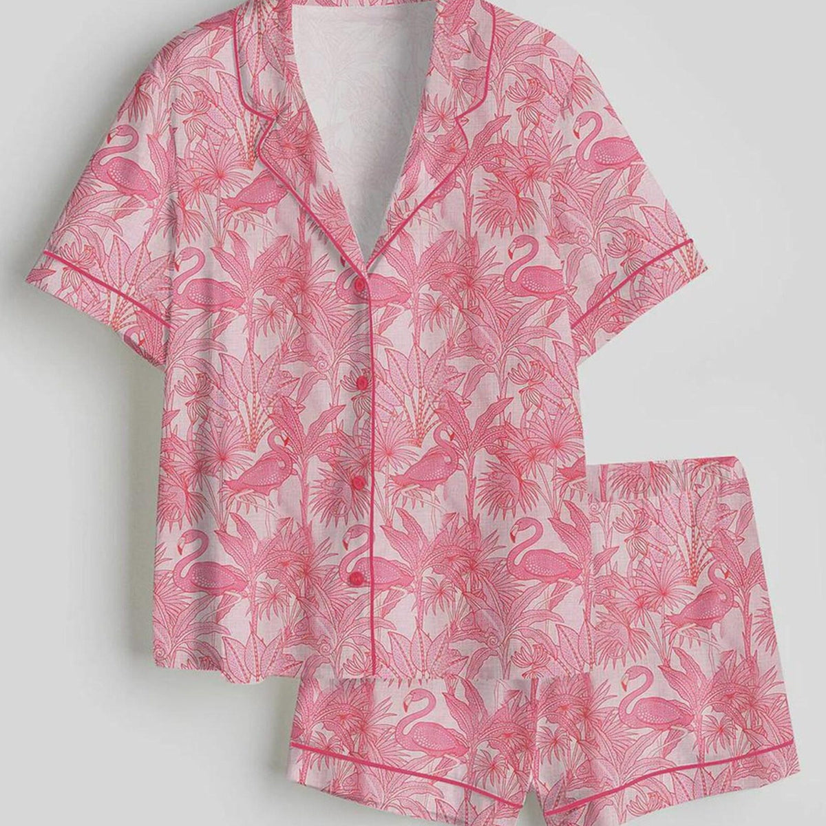 Satin Flamingo Pajama Set, Tropical Pink Sleepwear, Short Sleeve Luxury Loungewear