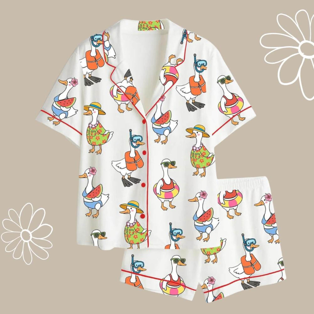 Satin Duck Print Pajama Set, Summer Beach Loungewear, Short Sleeve Sleepwear