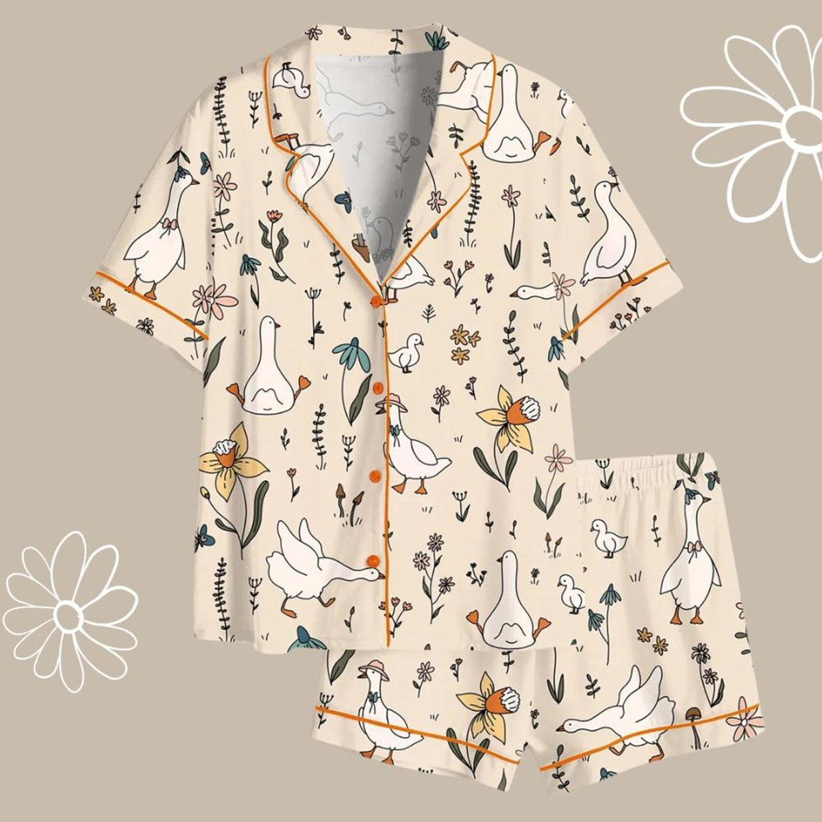 Satin Goose Print Pajama Set – Button-Up Sleepwear, Farm Animal Lounge Loungewear