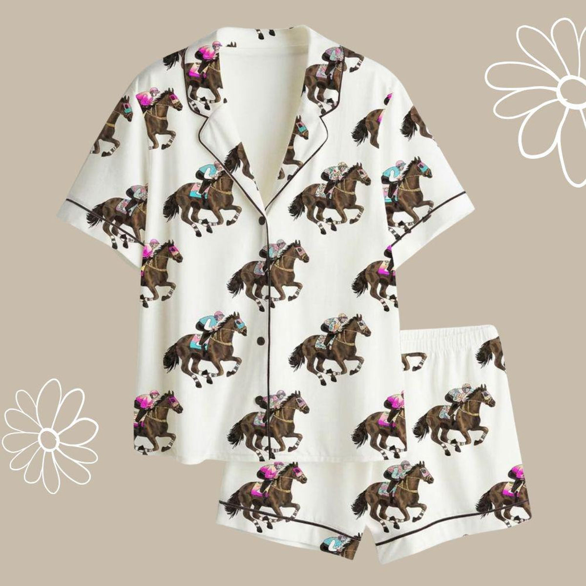 Kentucky Derby Pajama Set | Horse Racing Satin Sleepwear | Equestrian Gift for Her | Jockey Print Silk Pjs | Race Day Girls Trip Loungewear