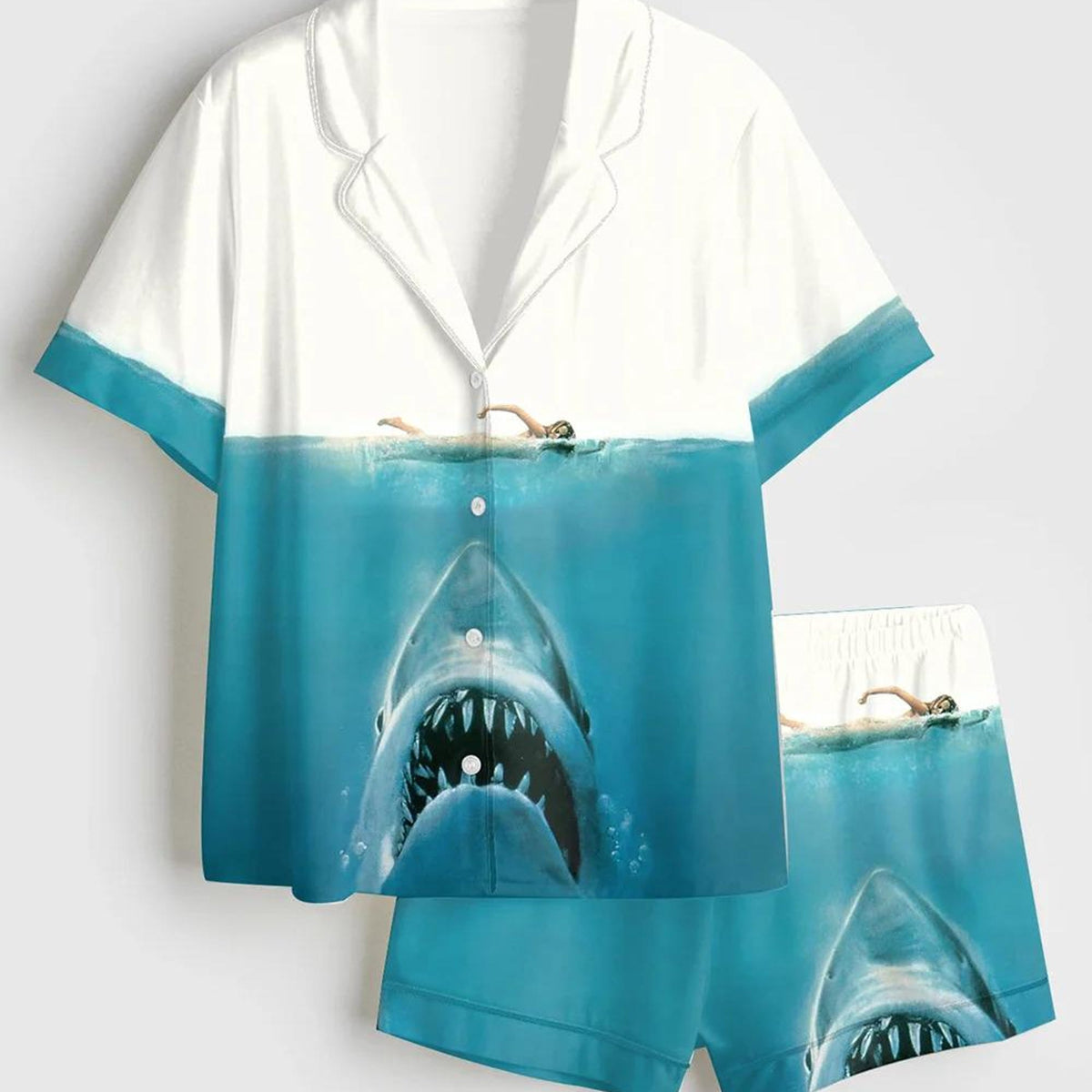 Shark Movie Satin Pajama Set, Shark Week Sleepwear, Sea Travel Short PJs, Funny Ocean Print Women's Loungewear, Silky Shark Lover Gift