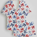 Patriotic Bow Satin Pajama Set – Watercolor Print Loungewear