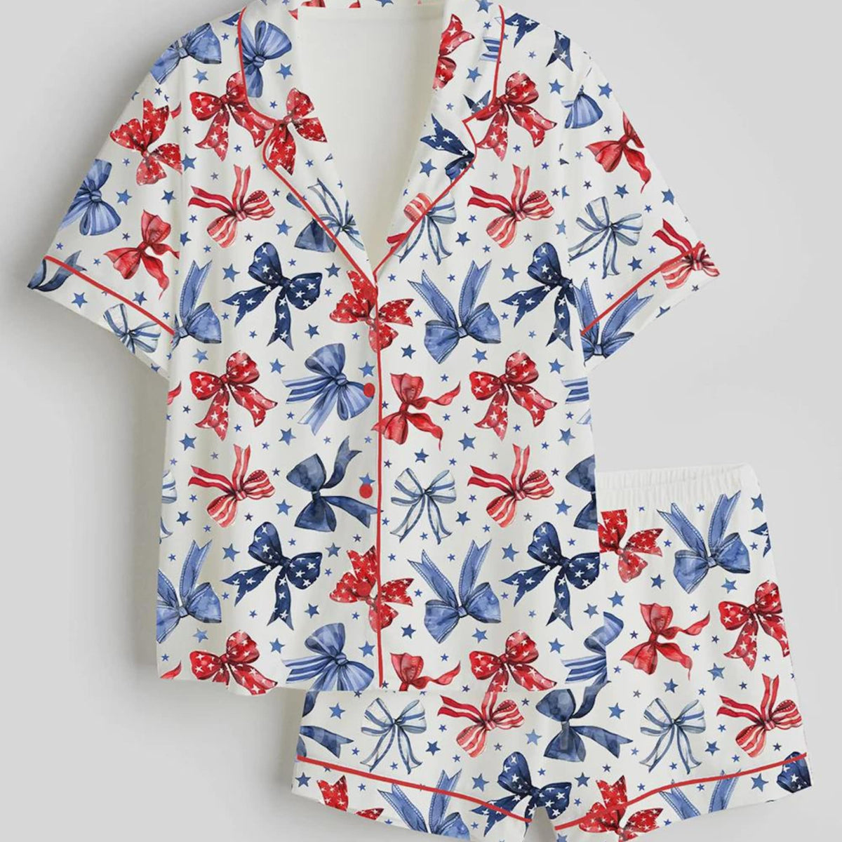 Patriotic Bow Satin Pajama Set – Watercolor Print Loungewear
