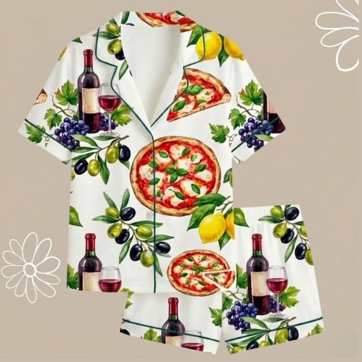 Pizza Wine Satin Pajama Set • Margarita Slice PJs, Olive & Lemon Print