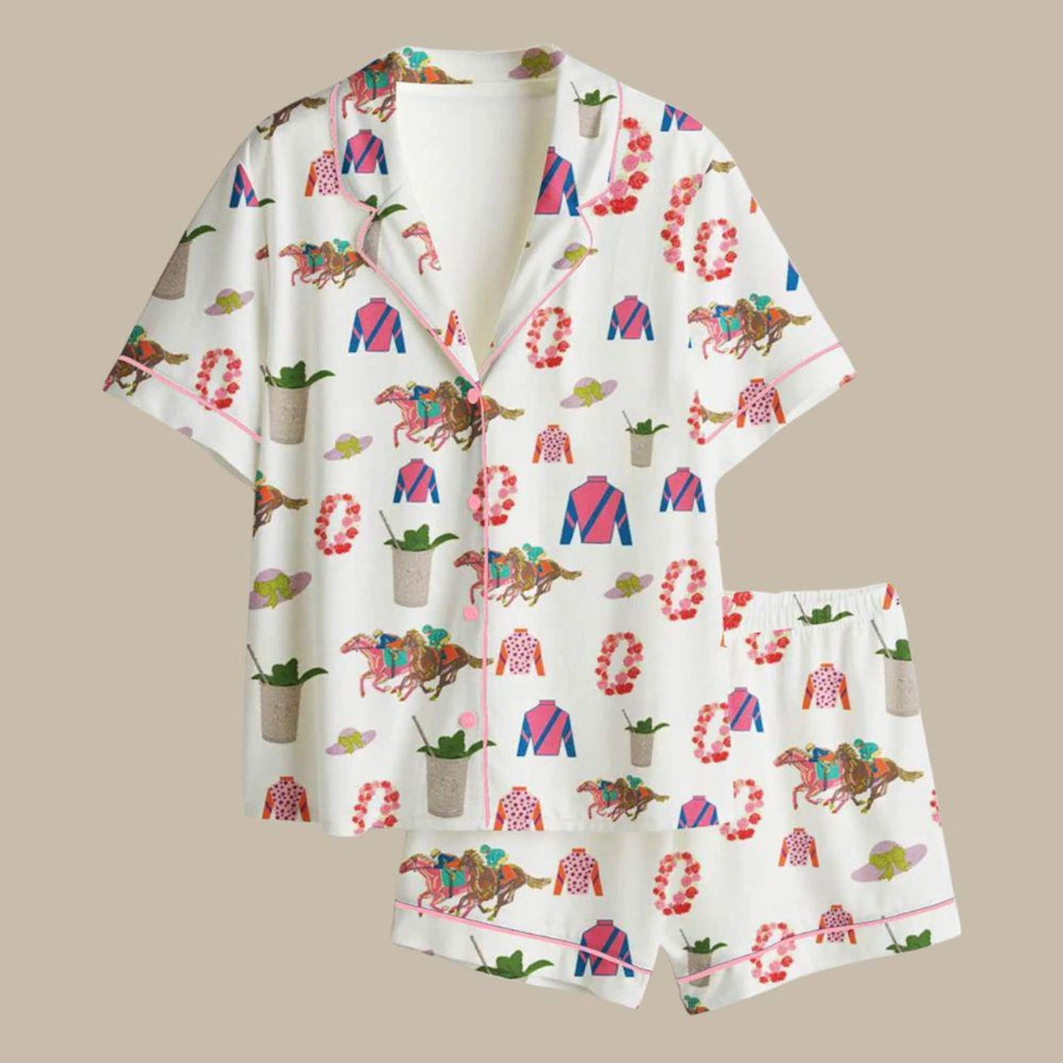 Horse-print pajama set, equestrian-style sleepwear, preppy-style women's pjs, cute pajama set long-sleeve top/shorts, gift for horse lovers.
