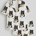 Kawaii Cat Pajama Set Women, Satin Long & Short Sleeve Noodle Cat Print Sleepwear, Cute Funny PJs, Summer Outfit