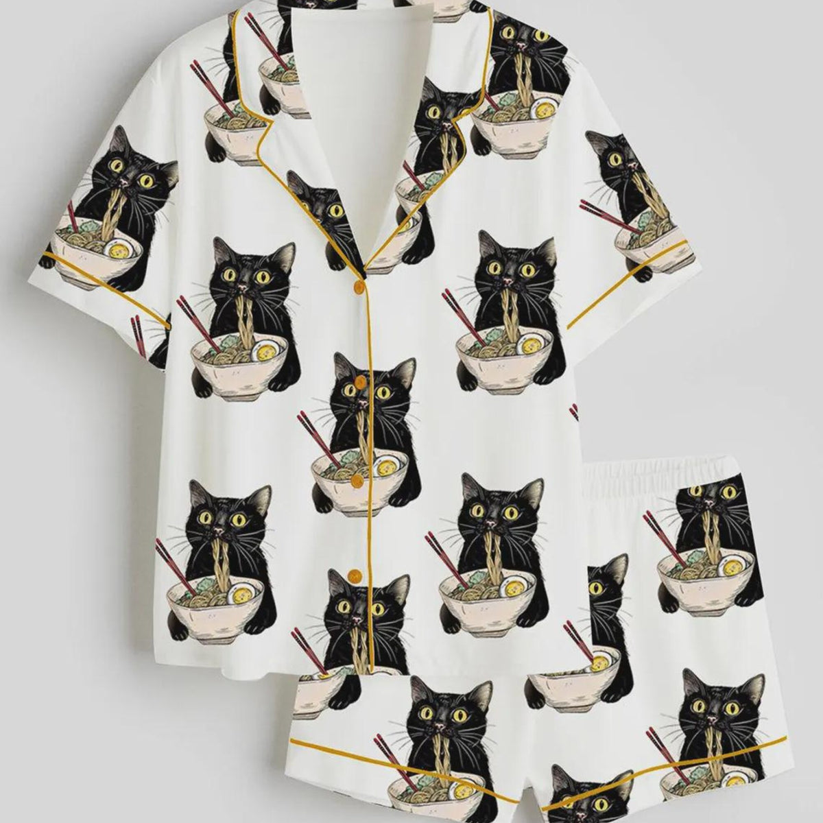 Kawaii Cat Pajama Set Women, Satin Long & Short Sleeve Noodle Cat Print Sleepwear, Cute Funny PJs, Summer Outfit