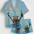 Funny Raccoon Red Wine Satin Pajamas, Silky Animal Print Pjs, Unique Women's Loungewear Set, Wine Theme Sleepwear, Short Sleeve Satin Set