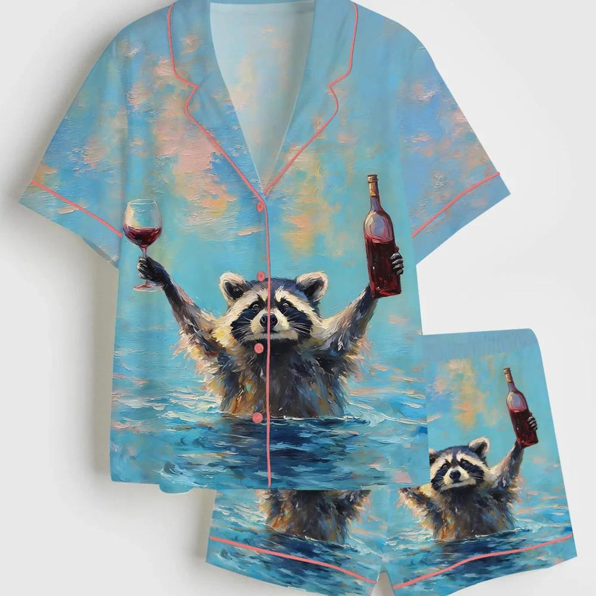 Funny Raccoon Red Wine Satin Pajamas, Silky Animal Print Pjs, Unique Women's Loungewear Set, Wine Theme Sleepwear, Short Sleeve Satin Set