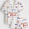 American Bride Coquette Satin Pajama Set, 4th of July Bachelorette PJs, Patriotic Bride Sleepwear, Red White Blue Bow Lounge, USA Wedding