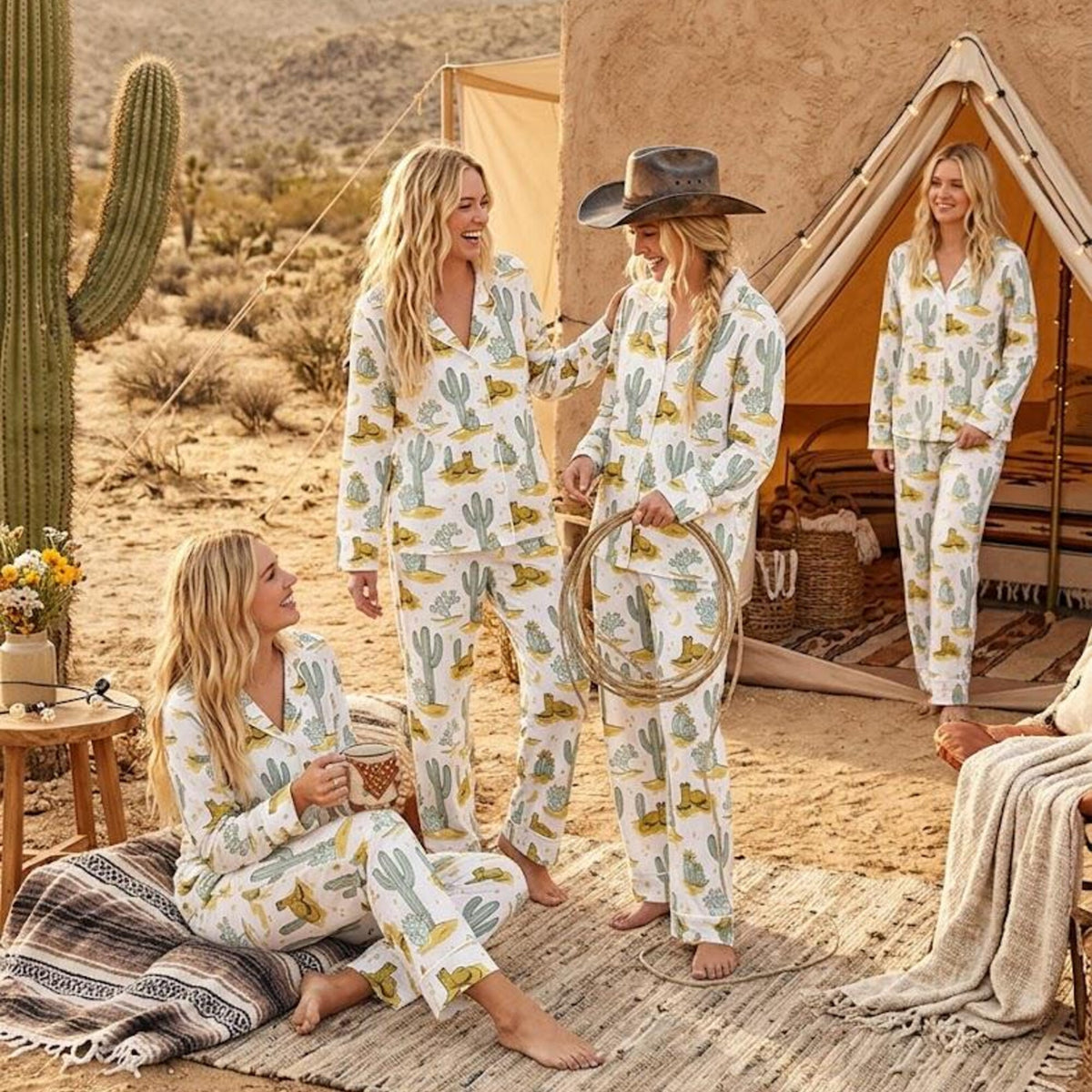 Western Cowboy Pajama Set – Cactus & Desert Print Sleepwear – Summer Loungewear for Bachelorette Birthday Gifts
