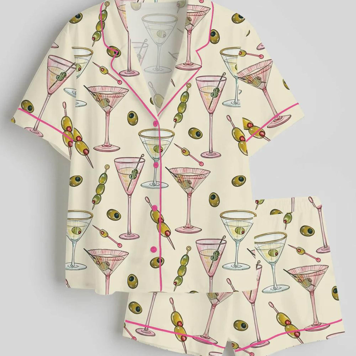 Martini Satin Pajama Set, Cocktail Bridesmaid PJs Olive Print, Pocketless Silk Sleepwear, Bachelorette Party Loungewear, Gift for Her
