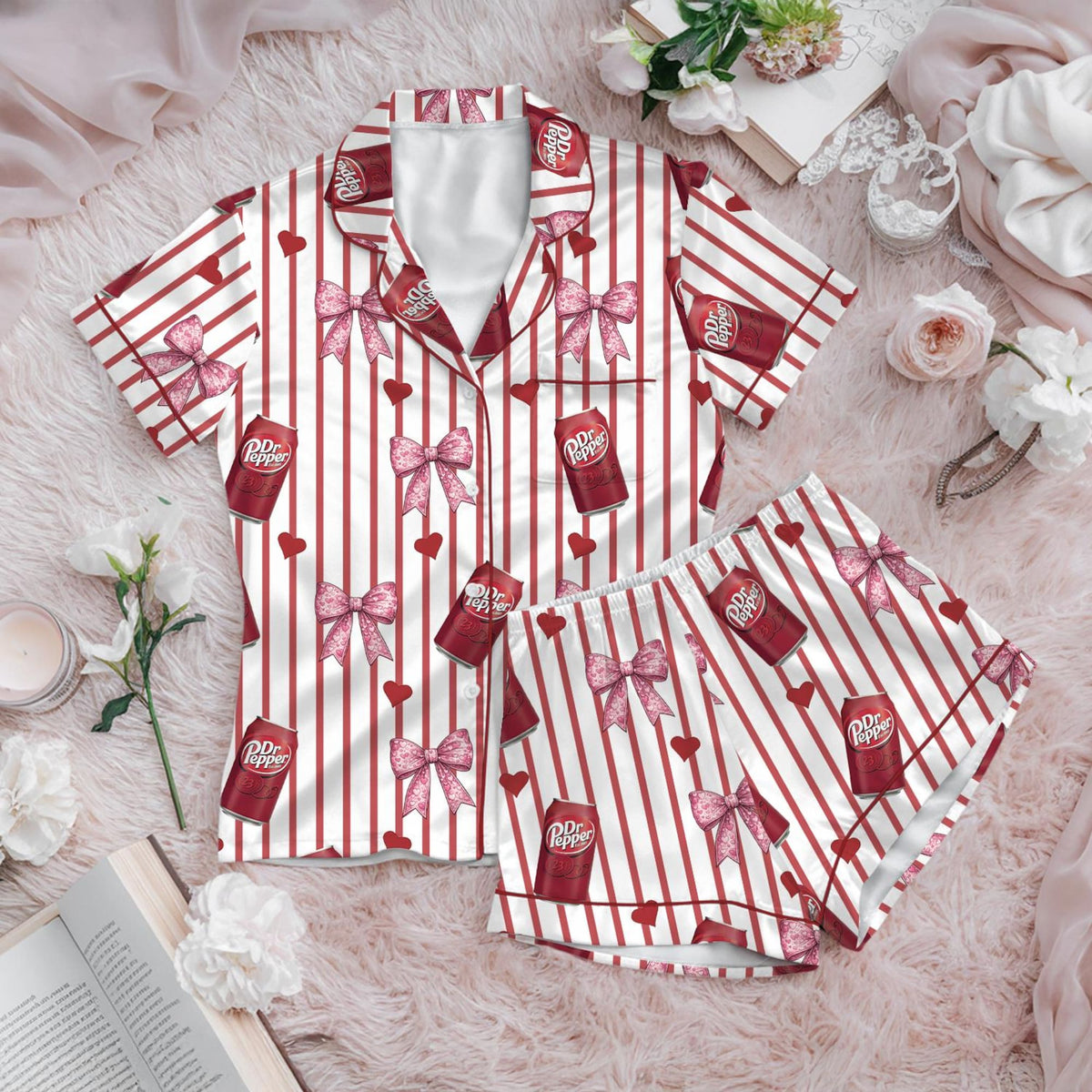 Soda Print Pajama Set Satin Sleepwear Bow Pattern Gift for Her