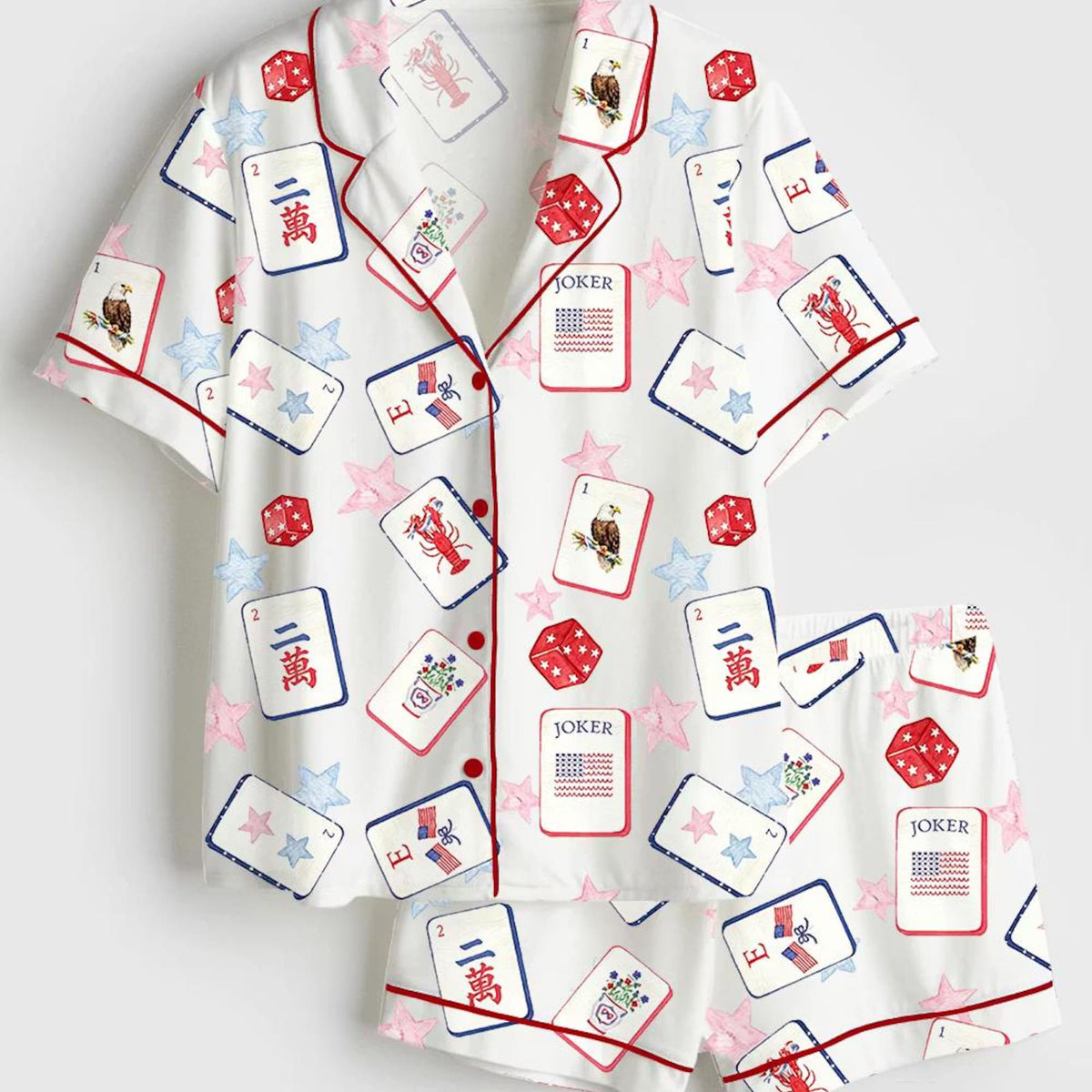 Americana Tile Game Satin Pajama Set, Patriotic Dice Loungewear, Eagle Lobster Sleepwear