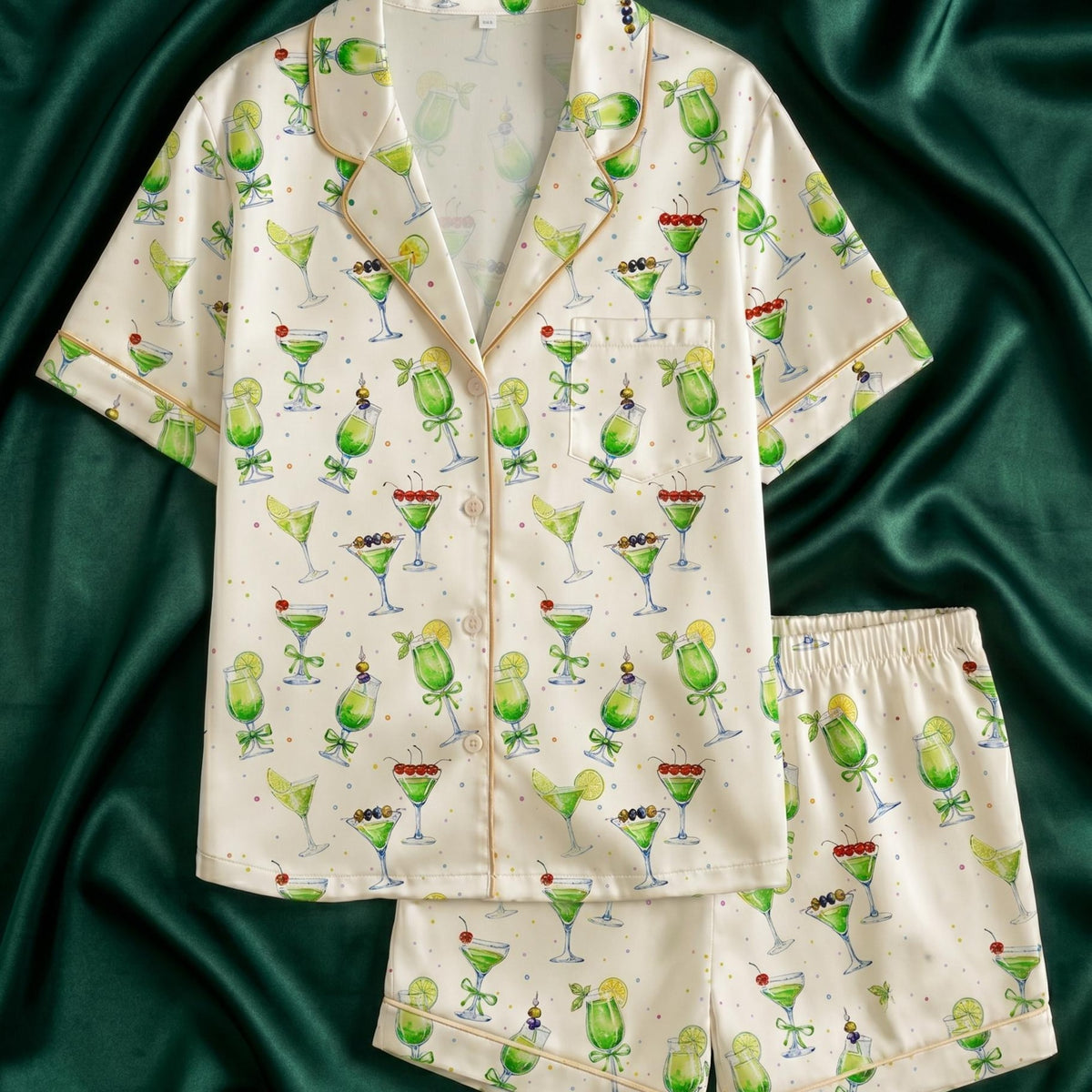 Green Cocktail Pajama Set, Margarita Silk Sleepwear, Bachelorette Party Pjs, Cute Martini Print Loungewear, Bridesmaid Gift, Gift for Her