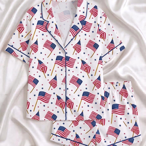 4th of July Pajamas Set, American Flag Short Sleeve Pjs, Patriotic Loungewear for Women, Independence Day Sleepwear, USA Flag Matching Pjs