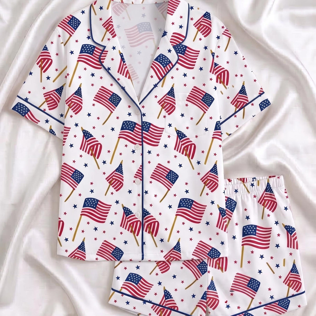 4th of July Pajamas Set, American Flag Short Sleeve Pjs, Patriotic Loungewear for Women, Independence Day Sleepwear, USA Flag Matching Pjs