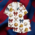 Cute Coquette Baseball Pjs Set, Vintage Baseball Mitt and Bat Long Sleeve PJ, Sports Fan Sleepwear, Cute Bows Loungewear Set, Game Day Gift