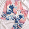 Cat Summer Pajamas, Short Sleeve Kanagawa Wave Pjs, Cute Cat Loungewear Set, Pink Pastel Sleepwear, Kawaii Cat Lover Gift, Long Sleeve Pjs