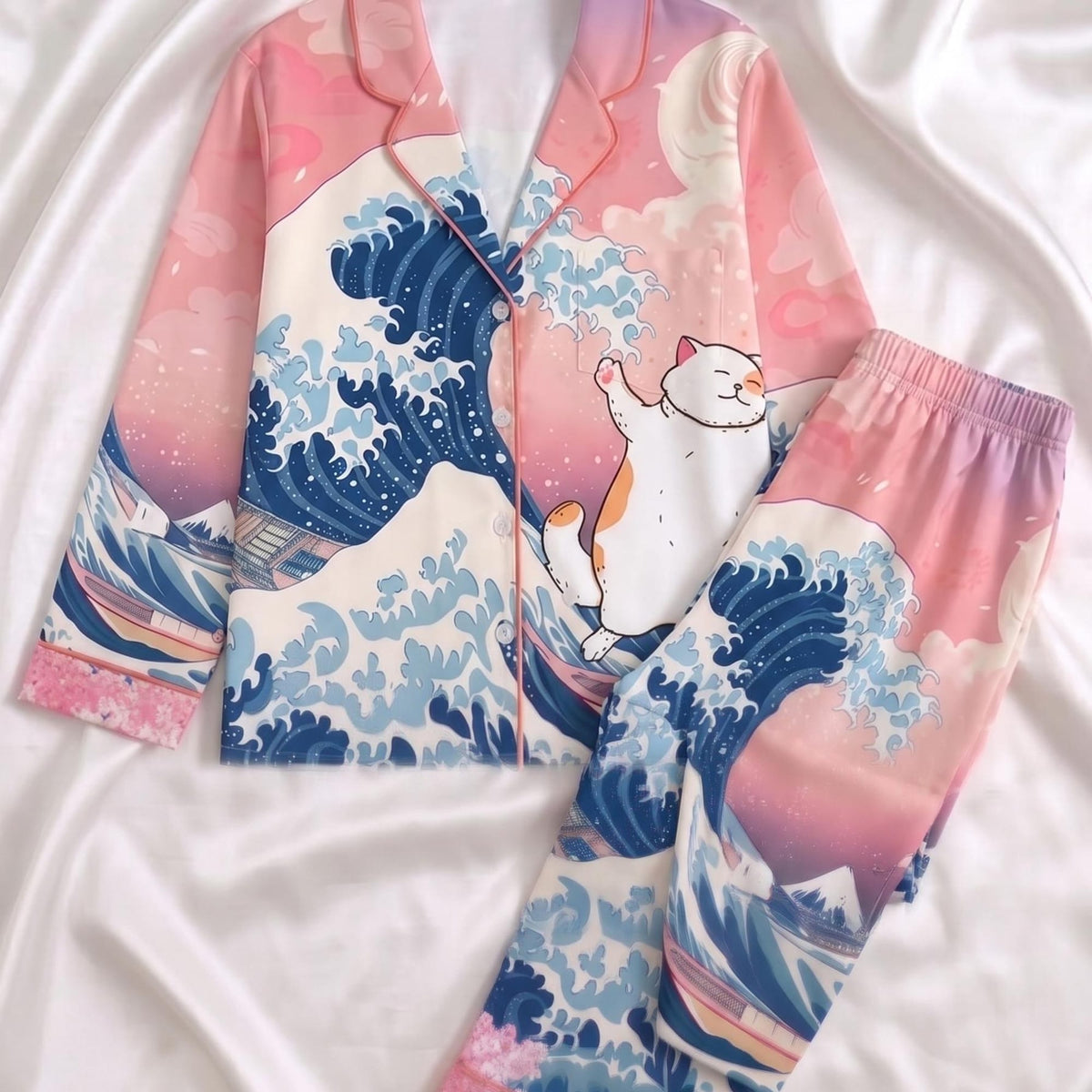Cat Summer Pajamas, Short Sleeve Kanagawa Wave Pjs, Cute Cat Loungewear Set, Pink Pastel Sleepwear, Kawaii Cat Lover Gift, Long Sleeve Pjs