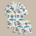 Beach pajamas, summer satin pajamas for women, lightweight sleepwear for vacation, fun beach print pajamas.