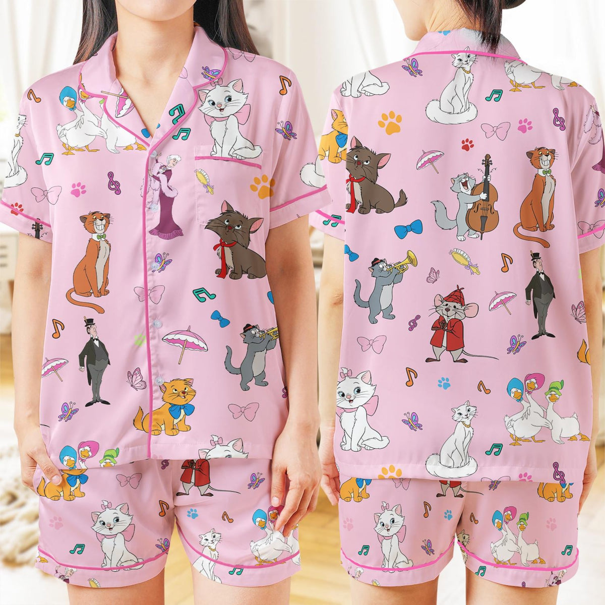 Aristocats Pajamas Set, Disney Marie Cat Pink PJs, Cute Cartoon Women Sleepwear, Silk Button Up Loungewear, Gift for Disney Lovers Cat Mom