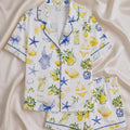 Amalfi Coast Lemon Pajamas Set, Mediterranean Style Sleeve Pjs, Coastal Grandmother Loungewear, Blue Tile Lemon Sleepwear for Women