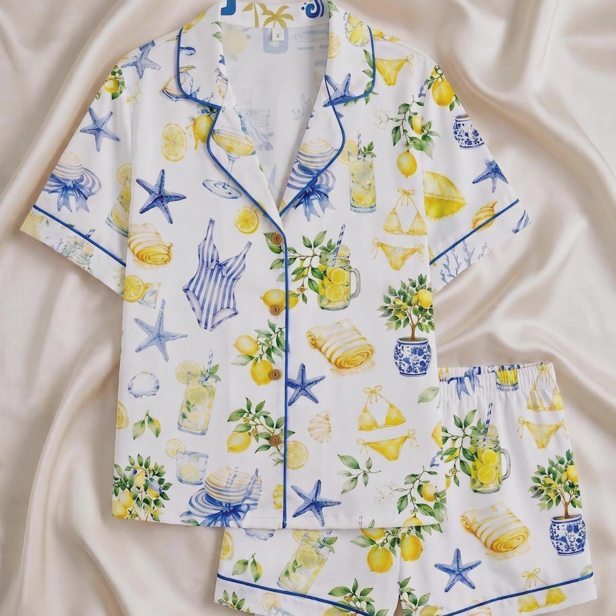 Amalfi Coast Lemon Pajamas Set, Mediterranean Style Sleeve Pjs, Coastal Grandmother Loungewear, Blue Tile Lemon Sleepwear for Women