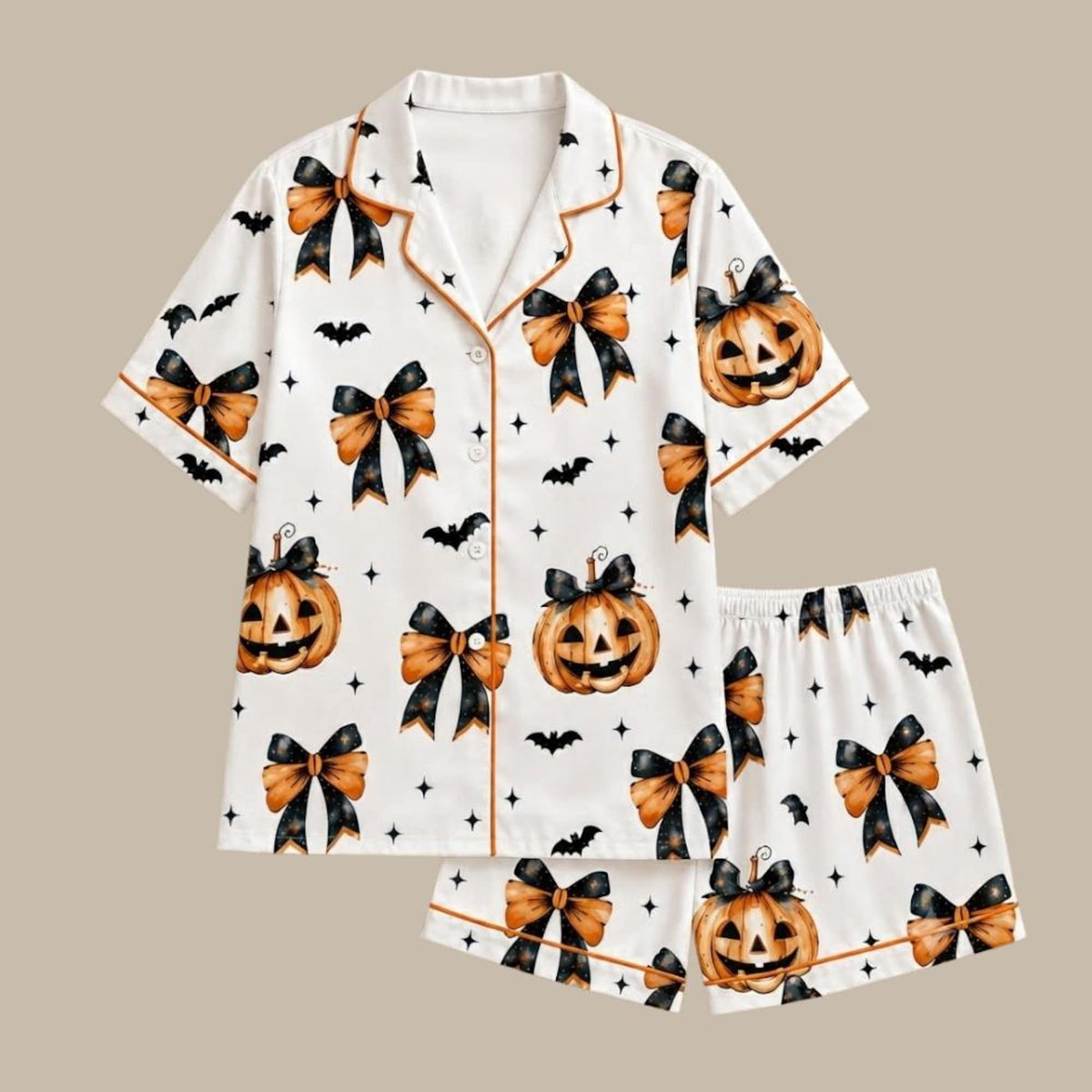 Halloween Pumpkin Bow Pajamas Set, Cute Fall Short Sleeve Sleepwear, Spooky Nightwear Loungewear for Women and Girls, Cozy Holiday Gift PJs