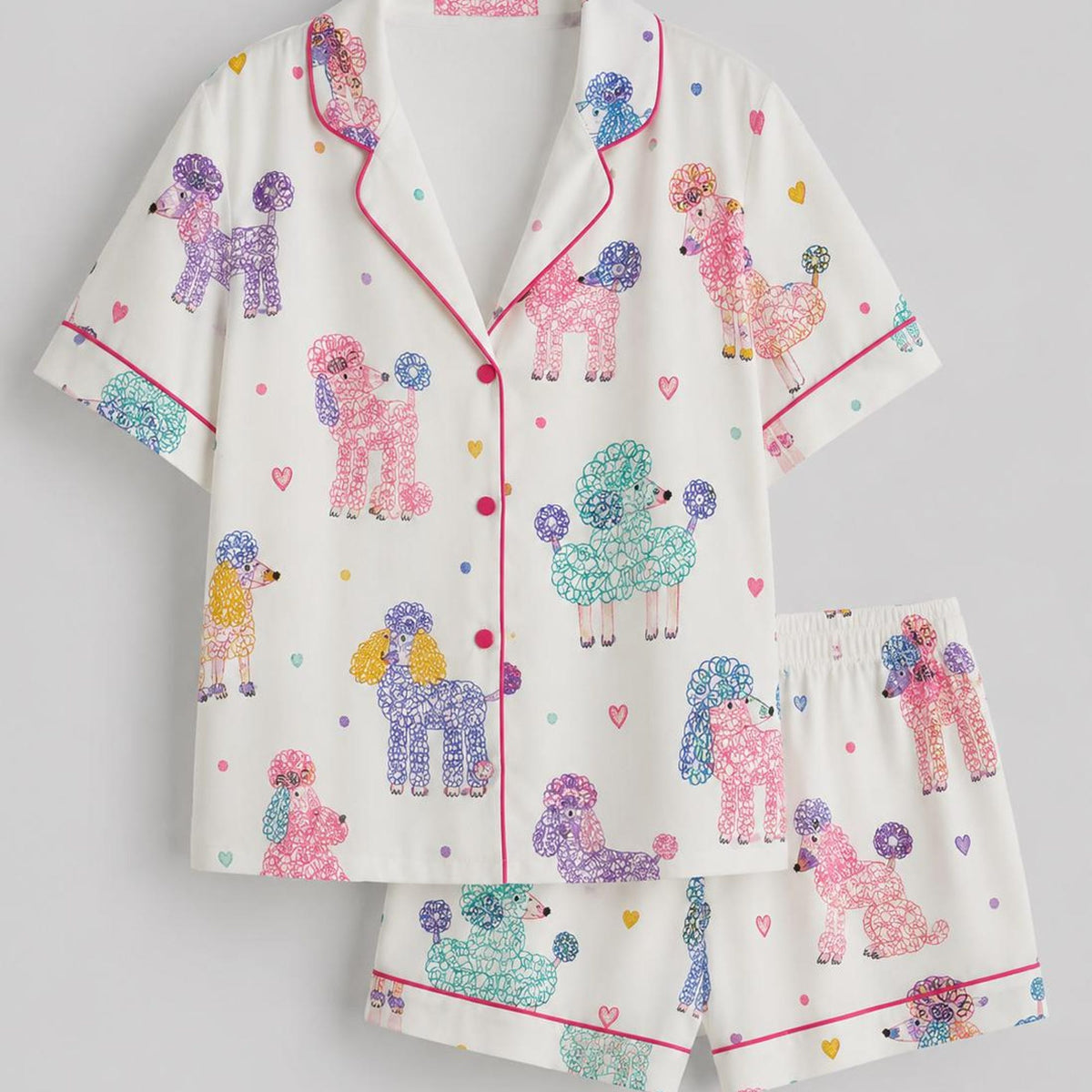 Women’s Colorful Poodle Print Pajama Set, Short Sleeve Dog Lover Sleepwear, Cute Pet Pajamas