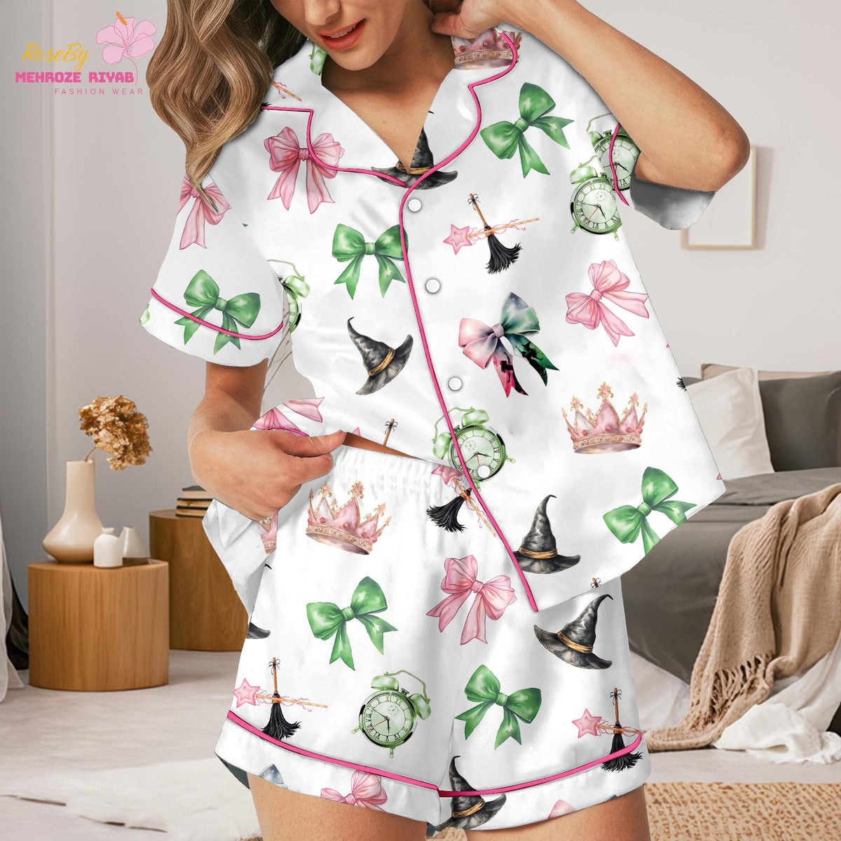 Pink Champagne & Roses Satin Pajamas – Bridal Party Luxury Sleepwear Set