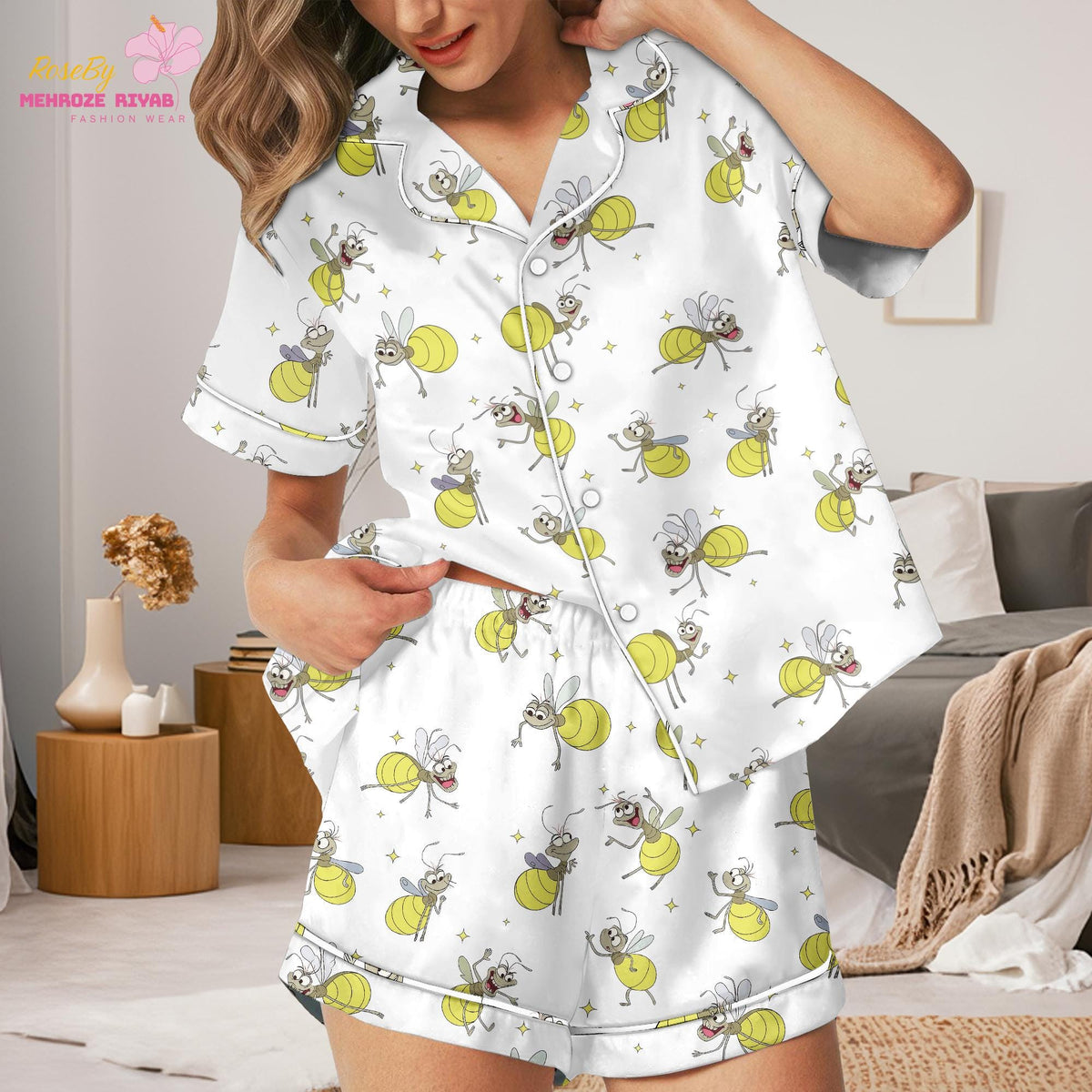Firefly Pajama Set, Cartoon Bug Pajamas, Yellow Lightning Bug Print PJs, Cute Insect Sleepwear, White Button Up Pajamas, Gift for Her