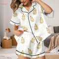 Cute Banana Cat Satin Pajama Set, Women’s Funny Cat Pajamas, Kawaii Banana Kitty Sleepwear, Short Sleeve PJ Set, Cute Animal Loungewear Gift