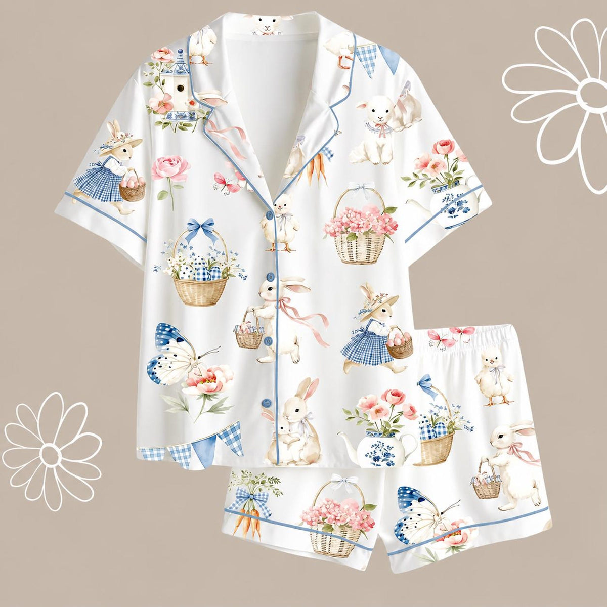 Easter Bunny Satin Pajama Set, Women's Spring Sleepwear, Floral Rabbit Print