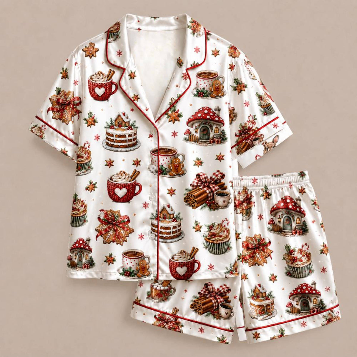 Christmas Treats Pajamas Set, Holiday Hot Cocoa and Gingerbread Satin Sleepwear for Women, Matching PJs for Family, Festive Gift for Her