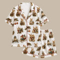 Women’s Christmas Pajama Set, Cute Bunny & Holiday Ornament Print Cozy Festive Sleepwear Lounge Outfit