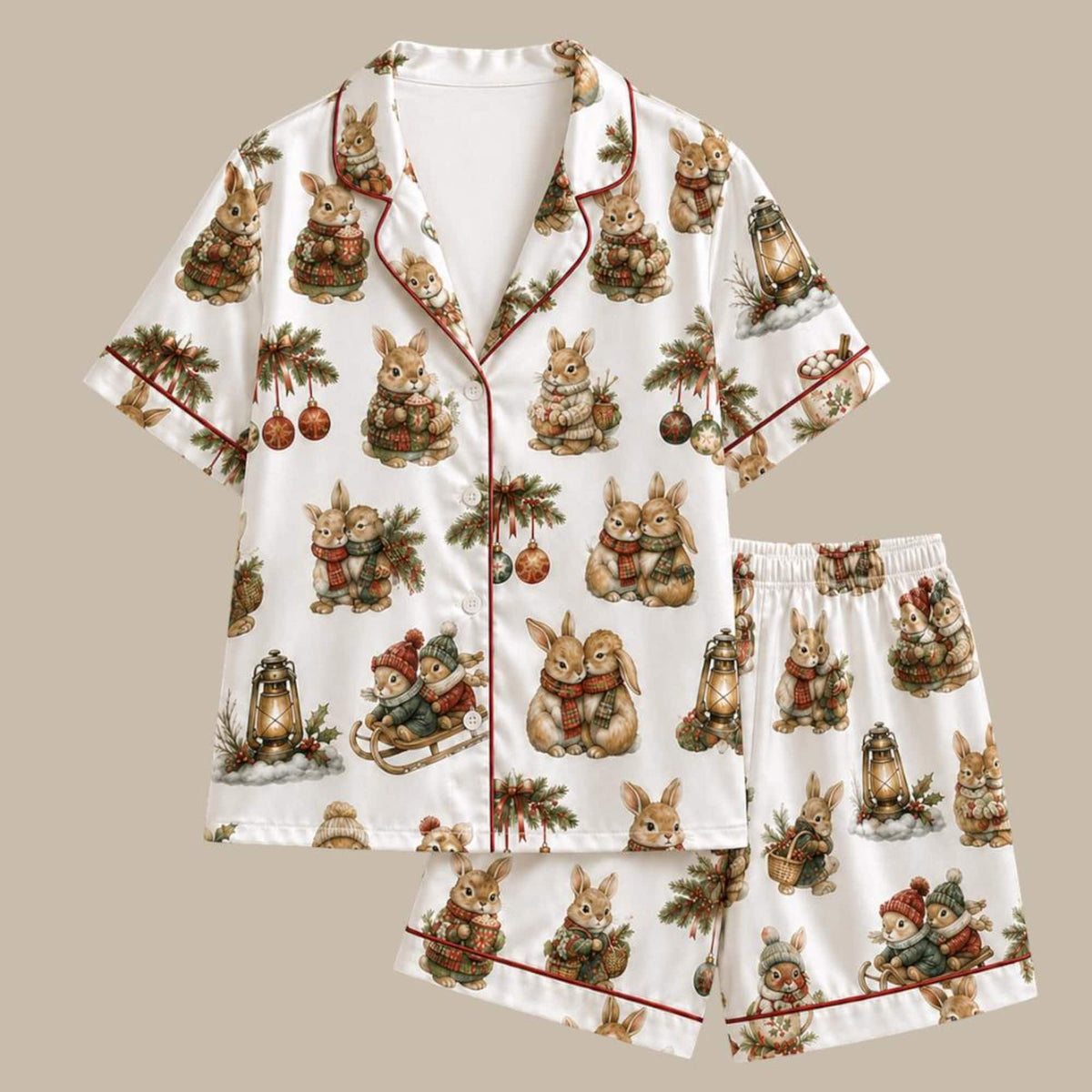 Women’s Christmas Pajama Set, Cute Bunny & Holiday Ornament Print Cozy Festive Sleepwear Lounge Outfit