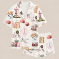 Paris Travel Print Pajama Set, Silky Satin Sleepwear, Gift for Her