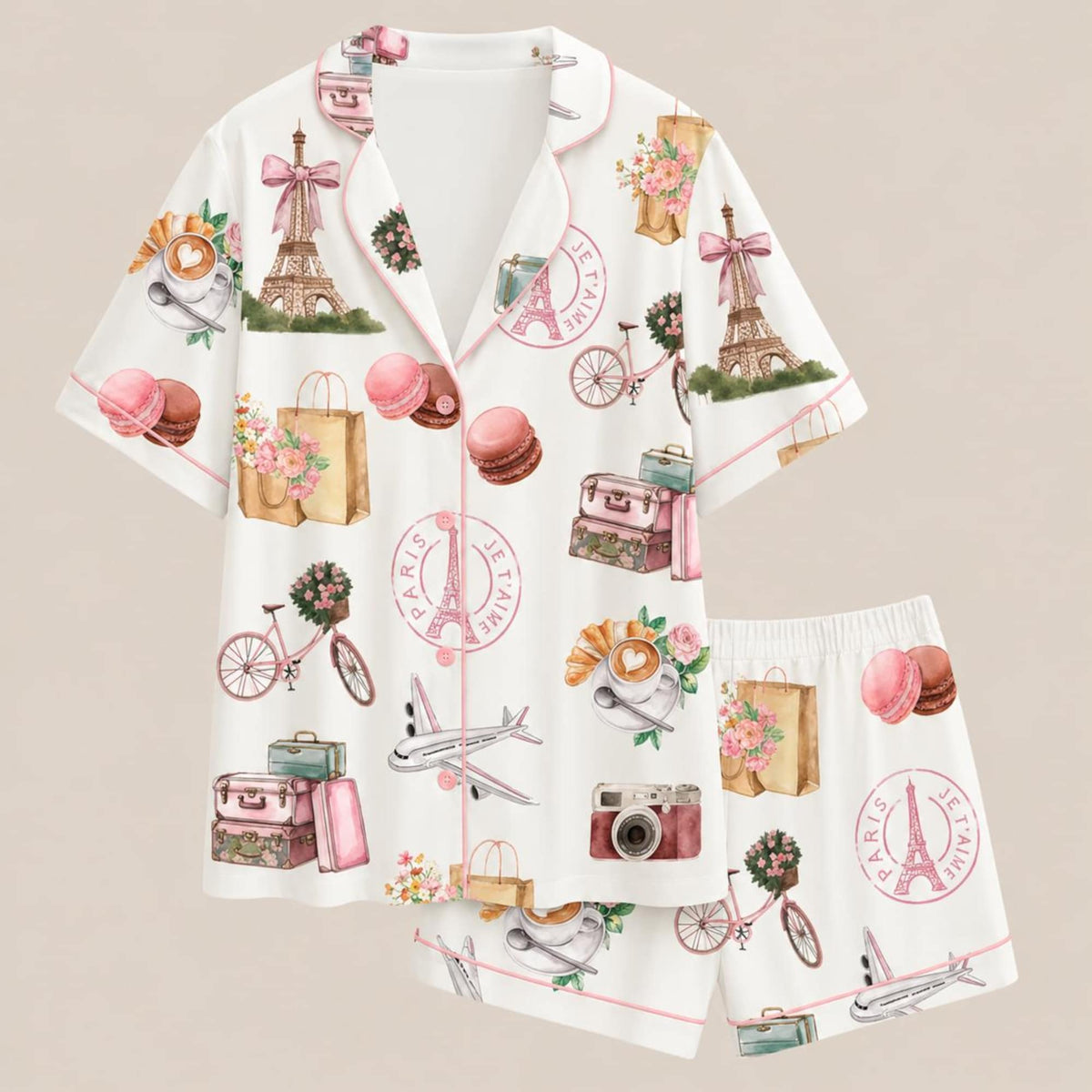 Paris Travel Print Pajama Set, Silky Satin Sleepwear, Gift for Her