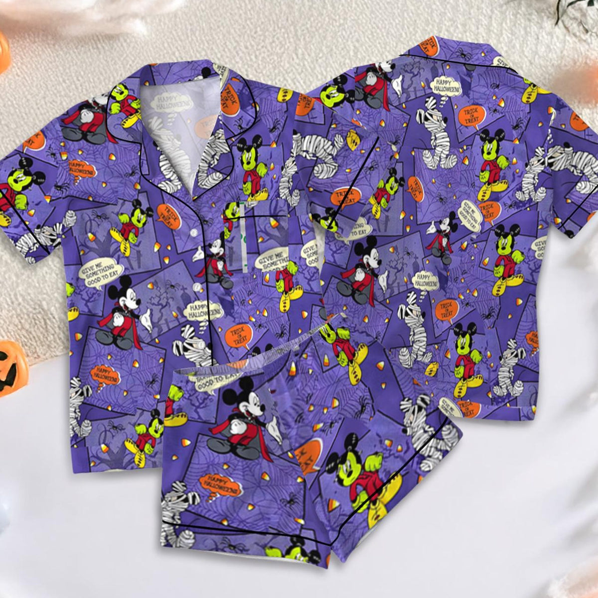 Purple Halloween Satin Pajamas, Comic Style Sleepwear Set, Cute Cartoon PJ Set, Spooky Season Lounge Wear, Matching Pajamas for Her