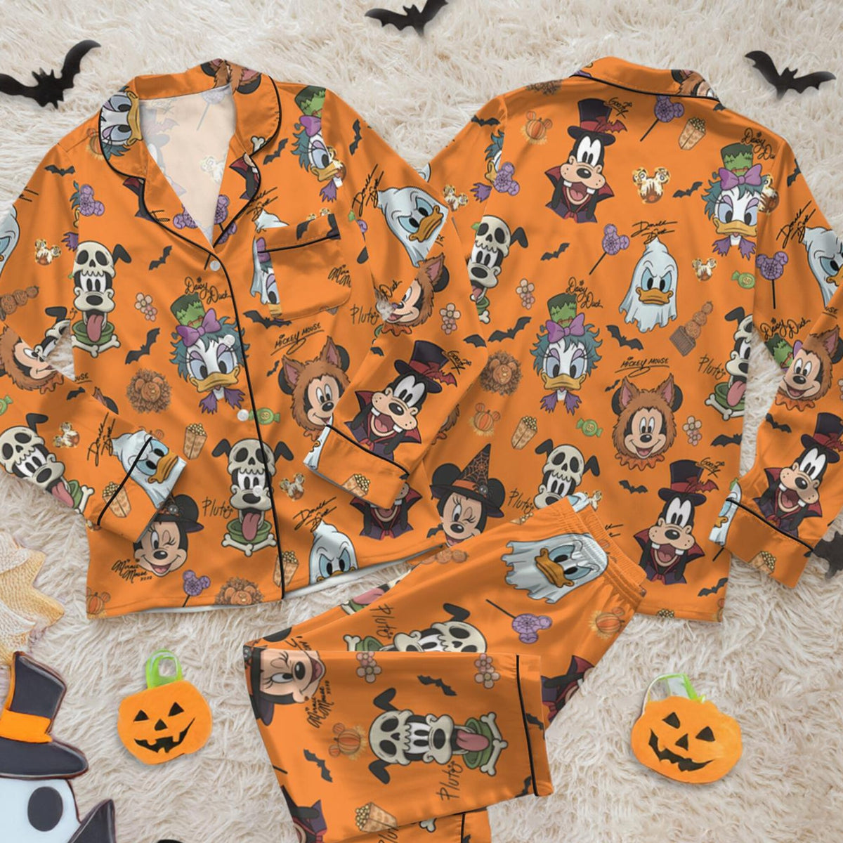 Disney Halloween Satin Pajamas, Mickey Mouse Pumpkin Sleepwear Set, Cute Cartoon Pajama Set, Spooky Season Gift, Comfortable Lounge Wear