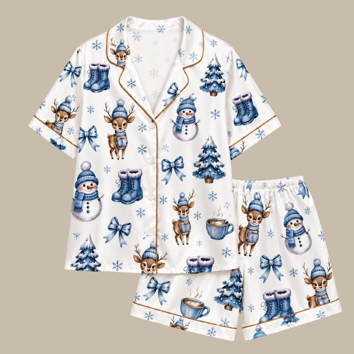 Christmas Pajama Set, Winter Holiday Satin PJs for Women, Festive Deer and Snowman Print Lounge Set,Matching Family Christmas Sleepwear Gift