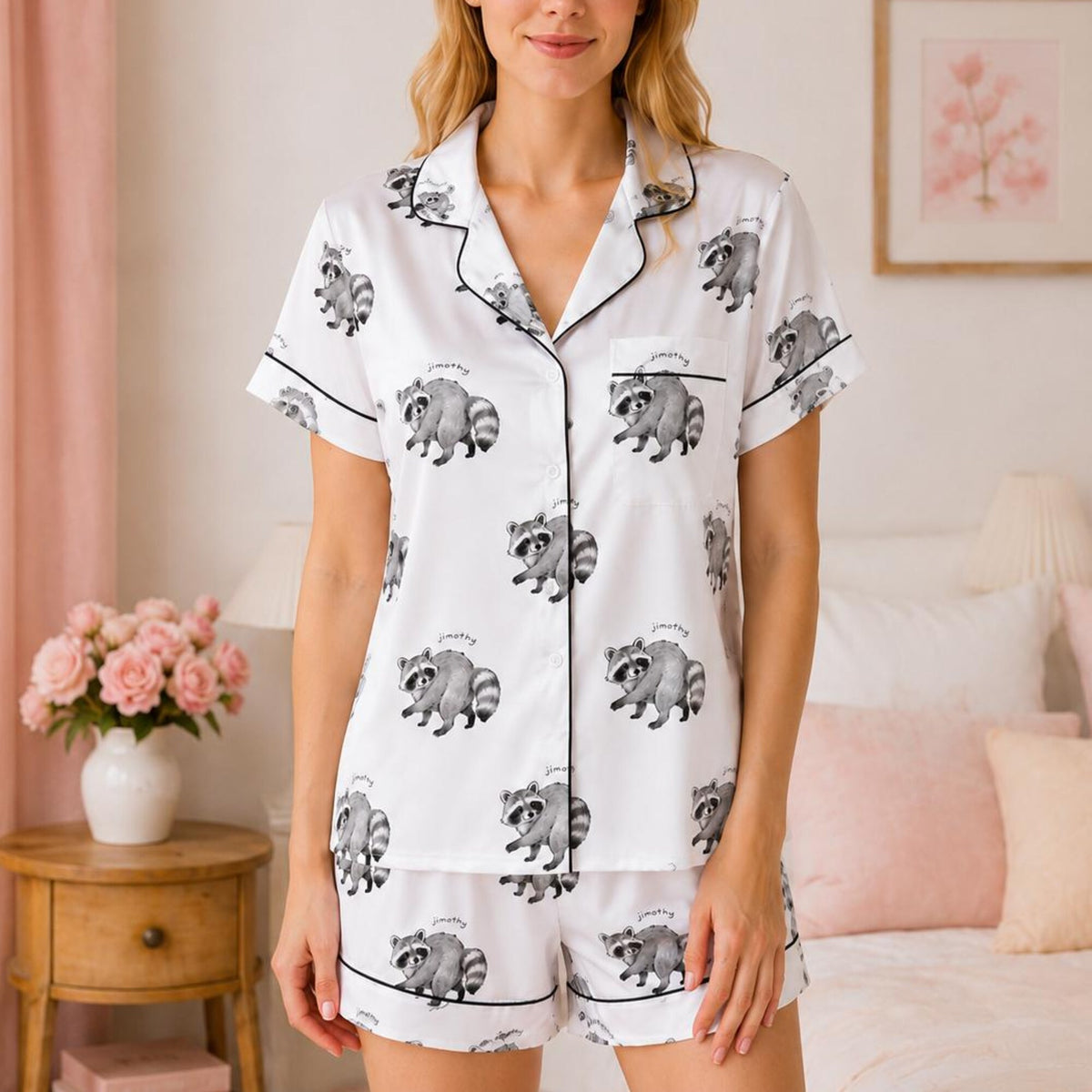 Jimothy Raccoon Pajama Set, Funny Raccoon Meme Satin Sleepwear, Women’s Short Pajamas, Animal Lover Gift